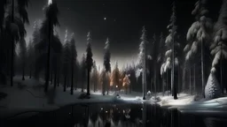 photo of a snowy fir forest,christmas magic,lakeside, midnight hour,fireflies,reflections,8k,, octane render, volumetric lighting, DSLR camera, Dramatic scene,black and white, splash color,