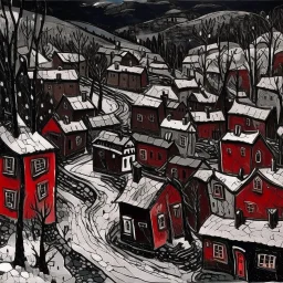 A dark red Transylvanian village in winter painted by Jean Dubuffet