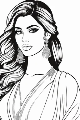 coloring page for adults of fashion model wearing hindi dress, thick and clear lines hair, full body portrait, style clean coloring page for adults, cartoon style, clean line art high detailed, white background, coloring book style, 8k, no-shading, thick lines hair, no-grayscale, lines hair