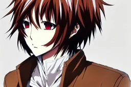 Detailed pretty anime boy, brown hair with blonde strips, keep head in frame, headshot, glaring, brown eyes, covered in bandages, looking serious, illustration, digital painting, only one character, color scheme red, wearing many bandages, Osamu Dazai inspired, anime inspired, manga, dazai, red hair, Chuuya, pretty, scruffy, angry, brooding, manga inspired, small nose, long lower eyelashes, handsome, widows peak, headshot, glaring, cute, wearing a bandage on neck, small nose, scruffy hair