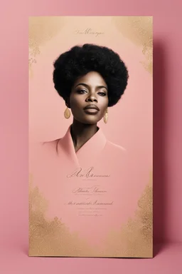 An extremely formal, funeral program written in French for a black woman (include a front photograph of a beautiful biracial black woman) on salmon pink deeply pigmented velvet paper with brilliant, brightest heavy golden greenish calligraphy fonts, simple, minimalistic, less element, very dramatic lighting