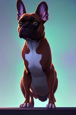 a detailed illustration of a french bulldog, phoenix bird wallpaper, luminescent body, full body, symmetrical body, realistic, glowing muscles, sharp focus, meticulously detailed, soft evening sky, 64k