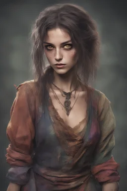 a photo of an alluring teenage girl rogue and traveling entertainer for a grim and gritty rpg. She has a slightly mischievous expression. her eyes are dark with a hint of cunning. Her attire is worn and used, indicative of her poor background, with her colorful gypsy dress showing signs of repair and stained with mud. Her hair is messy, with a few loose braids. She stands in a crowded old tavern at night. Despite her poor appearance, she holds herself with a quiet confidence.