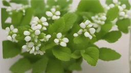 The mint is just starting to sprout, showing its fresh, bright green leaves. The artist uses bright greens and white to embody the freshness and vitality of mint. Small leaves and small white flowers that adorn the plant can be painted.