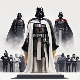 Create a simple illustration that showcases Darth Vader, adorned in his iconic black cape, standing triumphantly on the highest olympic podium as the undisputed champion wearing a gold medal. Flanking him on two lower podiums are two white-clad Stormtroopers, looking sullen. Set this scene against a white background.