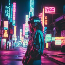 street photography of a woman on the street, night time, cyberpunk neon lights, 16mm , perfect photography, 1980's,vhs footage,wearing futuristic VR,wearing shirt and crop fit low light,shot by jvc gr-sz7,glitch,back to the future