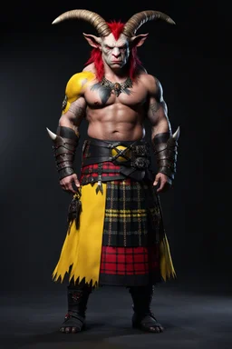 a Monster. who is big and has patch work scaling for skin. and horns. he is also wearing a Scottish clan kilt that's yellow black and red.4k. Photorealistic