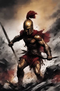 Spartan warrior fighting at the Battle of Thermopylae, in the style of gritty horror comics, dark red and gold, dc comics, inkblots, intricate use of hatching, golden palette, strong emotional impact