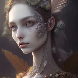 karlan, plant metal, feathers, Dryad, fae, sidhe, ominous, nature, plants, wildflower, facepaint, dnd character portrait, intricate, oil on canvas, masterpiece, expert, insanely detailed, 4k resolution, retroanime style, cute big circular reflective eyes, cinematic smooth, intricate detail , soft smooth lighting, soft pastel colors, painted Renaissance style