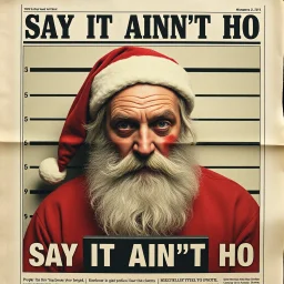 Newspaper headline of a disheveled sad Santa with a dirty beard and a black eye in a mug shot, Santa charged with soliciting an undercover officer posing as an elf in a police sting, old vintage newspaper aesthetic, headline text "SAY IT AINT'T HO"