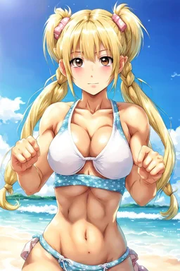 girl in bikini with blonde hair and two pigtails, manga style, cool pose