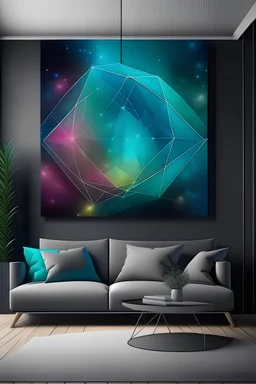 Create a handpainted geometric canvas painting with holographic and iridescent colors for a harmonious effect on a canvas mockup in a space