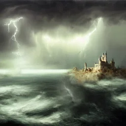 an ocean storm with clouds and lightning, castle, minarets, 8k resolution, high-quality, fine-detail, intricate, digital art, detailed matte, volumetric lighting, baroque, illustration, octane render, brian froud, howard lyon, selina french, George Grie, Ben Goossens, Igor Morski