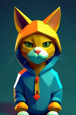 low poly playstation 1 chracter of a happy cat in a hoodie witha retro gam on the hoodie