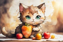 double exposure, merged layers, painted and burned burlap, cute chibi anime cat eating fruit, melting watercolor and black ink outlines on wet paper, soft, shading strokes, in sunshine, ethereal, otherwordly, cinematic postprocessing, bokeh, dof