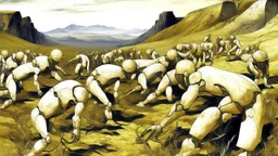 A group of white humanoid figures with large heads and distorted bodies engaged in various activities on a golden, textured landscape with mountains in the background