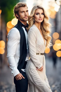 the genre is modern, a gorgeous couple, a beautiful woman model and actress, long hair, bright eyes and a beautiful man in modern clothes, he has blond hair, bright, expressive eyes, perfect facial features, he looks like a famous actor, a very beautiful favorite of all women, a full body, he stands tall, background bokeh