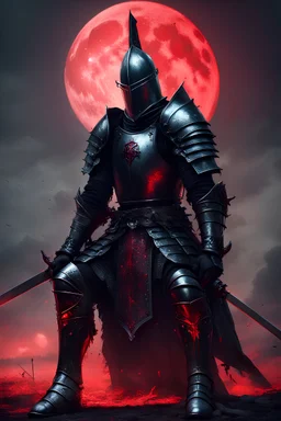 A black knight dressed in black steel plate armor, covered in blood,giant broadsword at his side, kneeling on both knees, exhausted pose, middle of battlefield setting,red moon shining ominously in the sky,realistic lighting, outstanding details,4k quality