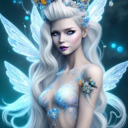 Fantasy fairy with transparent wings, smiling, make up, long platinum blond hair with crown and flowers, blue dress