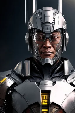 Cyborg armor with helmet on head serious face