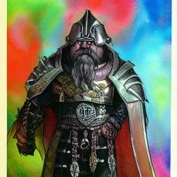 dungeons and dragons, fantasy, dwarf, dark priest, full plate armour, ironclad, dark silvery metal, dark red glow, watercolour, large strokes, distinct face, portrait, head