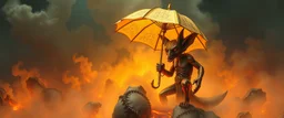 close up on smite by god from wonderland and the evil fox gremlin man holding a golden umbrella in a pool of smoke and lava in the style of Escher and Giger.