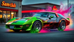 suped up 1979 corvette stationwagon green with black flames outlined with a thin red pinstripe, in front of Sam's club, SuperSport car, impressive, VIP, award winning, detailed a colorful splash of steampunk bubbles , amazing splashscreen artwork, photoshop water art, liquid painting, swirling paint colors, ink splash, physics splashes of colors, colorful swirls of paint, paint splashes, swirling paint, painting of splashing water, splashes of liquid, cgsociety saturated colors,