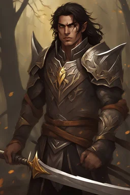 Male warrior, tall, muscula, scars on face, silver rogue armor. Light brown skin, Yellow amber eyes. Black messy medium length hair. Carrying sword behind. Handsome wood elf. Elf ears. Sharp features.