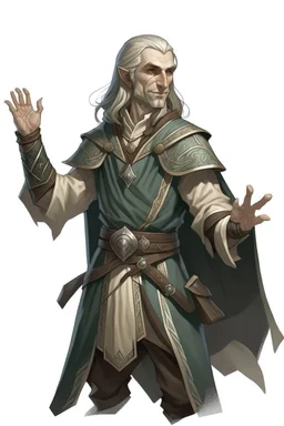 middle aged high elf ranger wearing medieval clothes with open hands