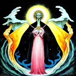 Asymmetric and offset, full color illustration, unsettling dream of the coronation of the conspiracy emerging from the womb-tomb, by Gerald Scarfe and Graham Sutherland, occult transience bladder treachery encounter with liminal god, by Clive Barker, violent colors