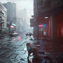 Cyberpunk,cat in night city on the rain unreal engine 5, octane render,cinema4d, dynamic lighting, 8k, redshift render, highly, hyperrealism ultra realistic, hyper realistic.