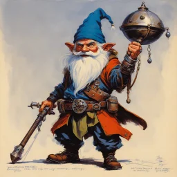 ConceptSheet [by Bruce Pennington]: gnome rogue and his sling with AD&D statistics