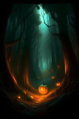 插画风格万圣节场景，要求有万圣节元素，纵深视角的幽暗森林，有南瓜灯点缀，原画，8K
