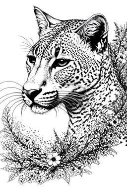portrait of cheetah and background fill with flowers on white paper with black outline only