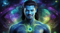 beautiful gorgeous young man na'vi with long hair, Avatar, blue skin, two small ears, green eyes, black hair, in cosmic suit, galactic ambiance, medium pointy goatee , smiling, nebulas and sacred geometry light figures on the backgroud,