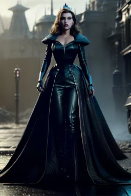 Scarlett Johansen as evil queen in black leather gown, cleavage, angry, stern look, unreal 5, octane render,cinema4d, dynamic lighting, dramatic lighting, 4k, redshift render, highly detailed, hyper realistic