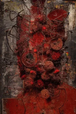 Santa Klaus , an abstract painting of rusted metal and flowers, futuristic, rust, scaffolding, iron cladding, decay, mixed media, textured, anatomically correct, beautiful perfect face, sharp focus, highly detailed , ghost, wearing high tech mask, white smoke, dark, rage, sorrow, high definition, ultra 8 k, volumetric lighting, blue fire, fog