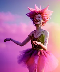 Ultra Realistic photo, medium shot view, drunken sweet dancer old blonde woman, carnival scene, monster hair, steampunk style. Red hair, confeti, smile, happy, festival, ovnis, gradient color fog. highly detailed, concept art, unreal engine 5, ray tracing, RTX, lumen lighting, ultra detail, volumetric lighting, 3d, finely drawn, high definition, high resolution.