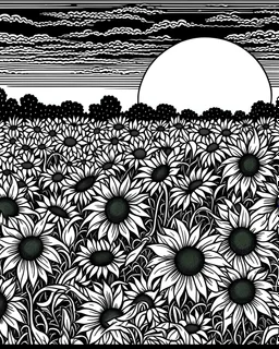 A field of sunflowers bathed in the warm glow of the setting sun, with bees buzzing around collecting nectar for colouring pages black and white with line art,no blur,no grayscale, no black backdrop.