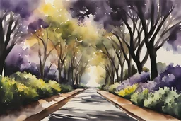 BLOOMIMG COLOURFUL watercolour painting pf jacaranda trees on both sides in a WIDE tarred ROAD with flowers a, dark shadows foliage on both sides byJenny Boon