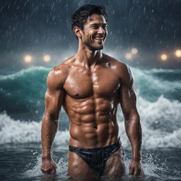 Hyper realistic very handsome shirtless muscular short black hair man smiling & standing with his wet body between the sea at rainy night with wave splashes