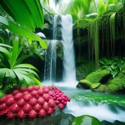 Separate waterfall with tropical leaves and dragon fruit