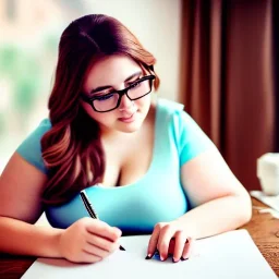 Thicc 30 year old mother of five, drawing on a sketchpad, glasses, brown hair, hazel eyes, Beautiful, cute, intricate, highly detailed, 8k, HDR, dynamic lighting, professional quality, post edit