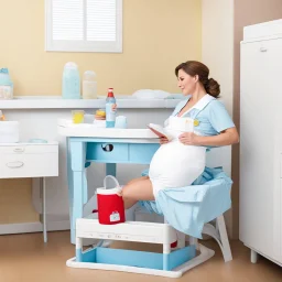 the nurse is alone, she wears pull-up diapers on the changing table, reading to drink: breastfeeding