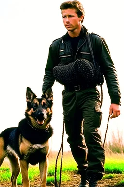 John Connor from the movie Terminator with a German Shepherd on a leash.