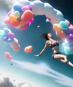 Ultra realistic speed clouds sky scene, wide angle view, sweet women falling down, inflatable color clothing, free jumping flying, many trinkets, hair monster. Clouds sea, many jelly beans, balls, color smoke, smile, happy, circus style, extreme, wind, 20,000 feet altitude, stratosphere, soft color, highly detailed, unreal engine 5, ray tracing, RTX, lumen lighting, ultra detail, volumetric lighting, 3d, finely drawn, high definition, high resolution.