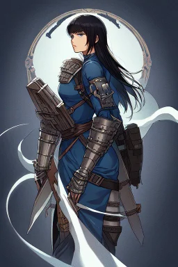 Motoko Kusanagi from "Ghost In The Shell (1995)", clad in medieval stell plate armour, alone, blue eyes, perfect, beautiful, black hair, in the style of 90-s anime, androgynous, melancholic, bleak