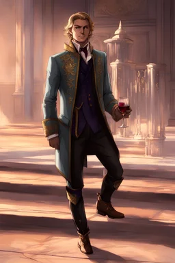 male, aasimar, blonde hair, green eyes, slender, light blue aristocrat coat with golden motif, dark purple shirt, brown expensive pants, brown boots with golden decoration, holding wine in a glass, single character, high class party background, smirking