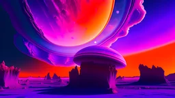 A mesmerizing landscape of an alien planet, where the sky is painted with swirling hues of purple and orange, and enormous, crystal formations jut out from the rocky terrain.