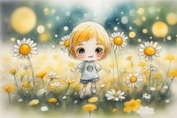 cute chibi anime smiling faced daisy flowers playing football in sunshine, styles of Paul Klee Dee Nickerson and Tim Burton, melting watercolor and black ink outlines on wet paper, soft, shading strokes, in sunshine, ethereal, cinematic postprocessing, bokeh, dof